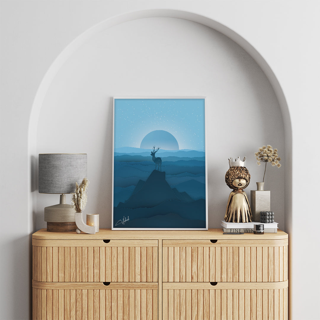 Celestial Silence – Blue Mountain Stag Landscape Wall Art